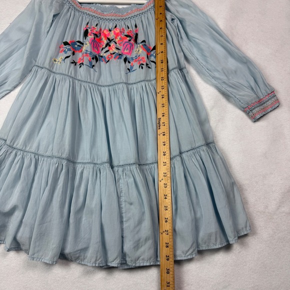Free People Blue Embroidered Smocked Off Shoulder Tiered Dress Size‎ Small - Picture 6 of 11
